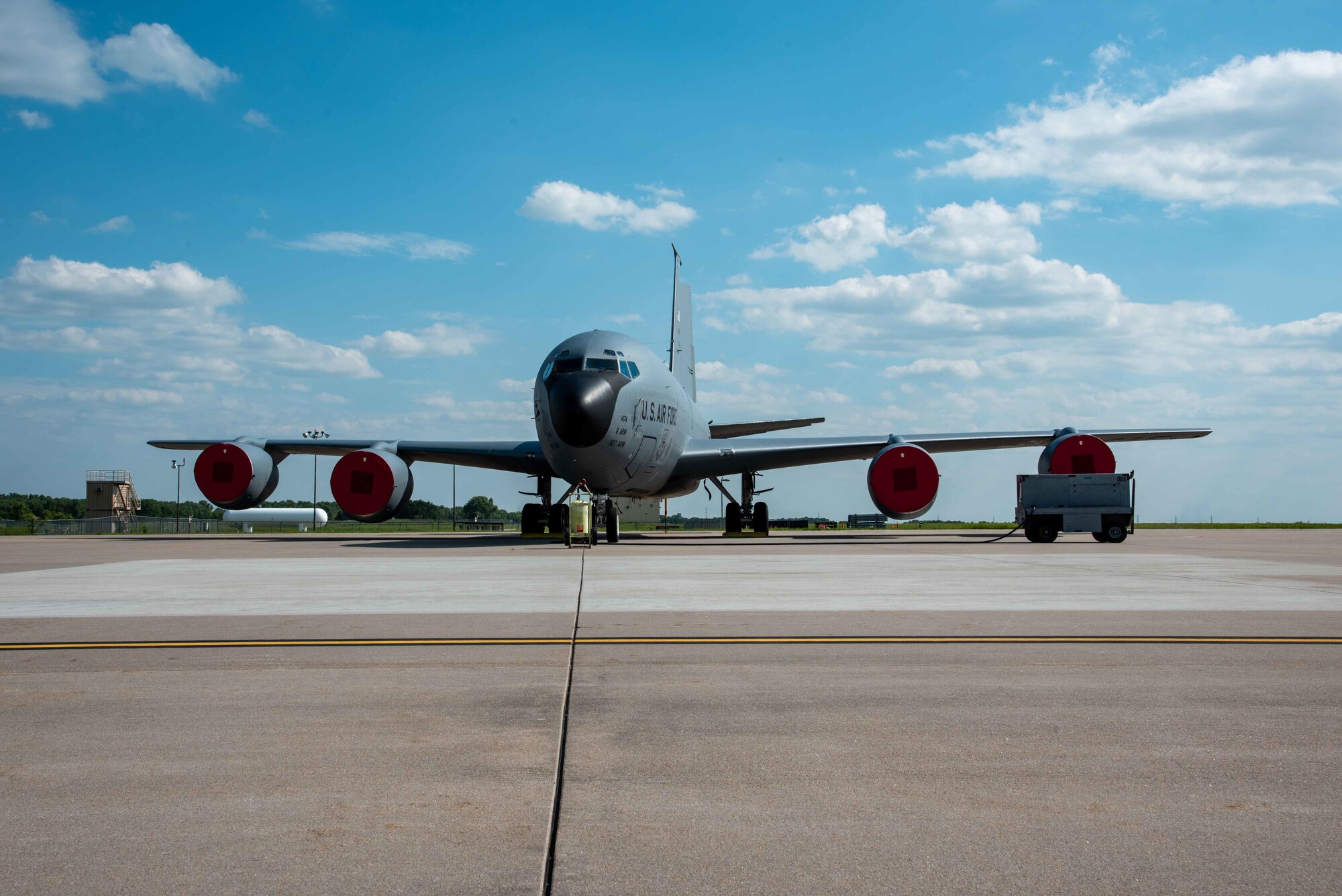 A KC-135 Stratotanker from MacDill Air Force Base, Florida sits on the flightline July 4, 2021, at McConnell AFB, Kansas. Approximately 10 Aircraft were evacuated to McConnell AFB due to tropical storm Elsa. The aircraft will return to MacDill AFB when conditions return to normal. (U.S. Air Force photo by Airman 1st Class Zachary Willis)