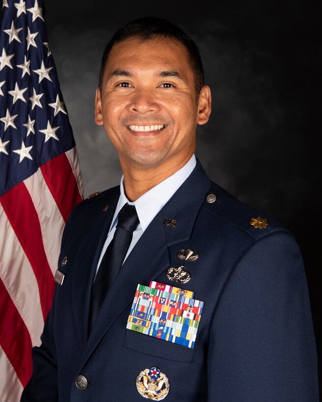 U.S. Air Force Maj. Jethro Sadorra, 422nd Civil Engineer Squadron commander, poses for an official photo at Royal Air Force Croughton, England, June 30, 2021. (U.S. Air Force photo by Senior Airman Jennifer Zima)