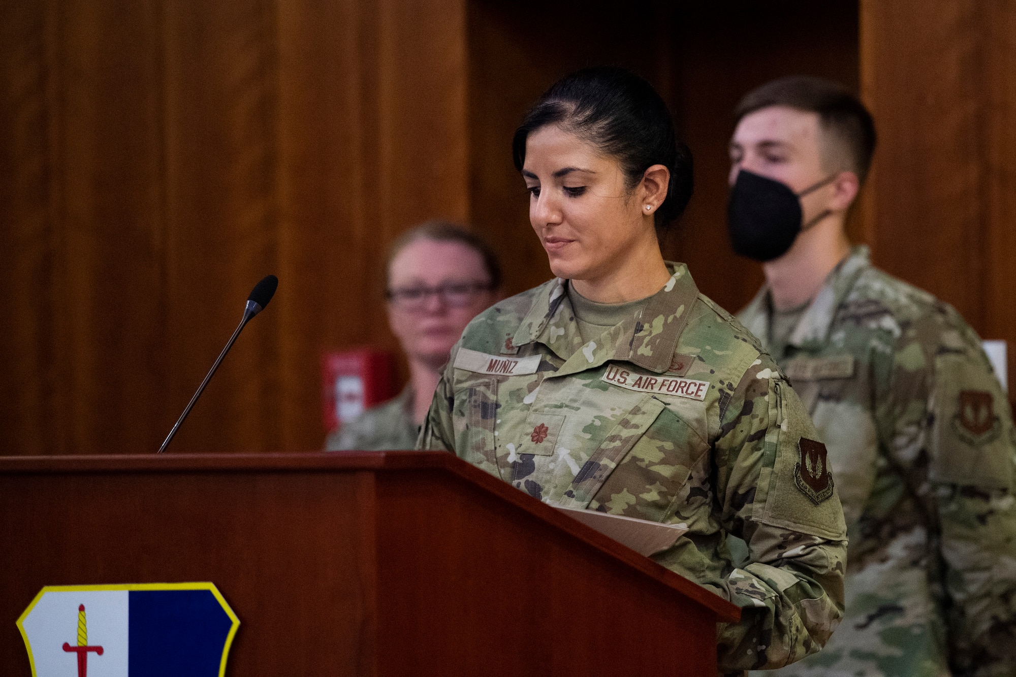 U.S. Air Force Maj. Ingrid Muniz addresses the crowd at the 52nd Force Support Squadron change of command ceremony July 6, 2021, on Spangdahlem Air Base, Germany. The FSS supports the 52nd Fighter Wing with airman and family services, community services, and force development services to provide quality support to service members, civilian personnel and their families. (U.S. Air Force photo by Senior Airman Ali Stewart)