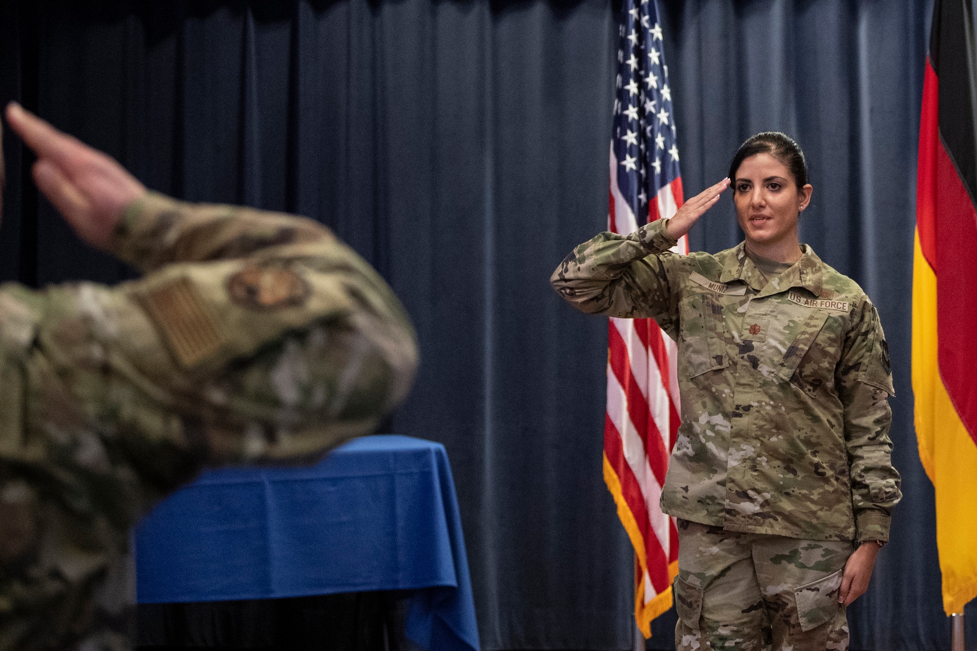 U.S. Air Force Maj. Ingrid Muniz, 52nd Force Support Squadron commander, renders her first salute to the 52nd FSS at the squadron’s change of command ceremony July 6, 2021, on Spangdahlem Air Base, Germany. Muniz assumed command of the 52nd FSS from U.S. Air Force Lt. Col. Baker. (U.S. Air Force photo by Senior Airman Ali Stewart)