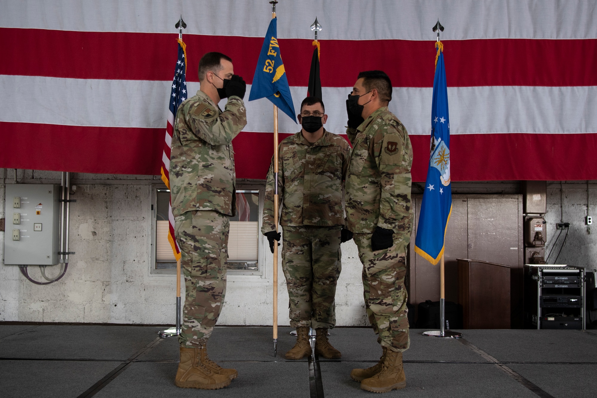 U.S. Air Force Col. James Vinson, 52nd Maintenance Group commander (left), renders a salute to U.S. Air Force Maj. Bryan Beals, 52nd Aircraft Maintenance Squadron’s incoming commander, during the 52nd AMXS assumption of command ceremony, July 6, 2021, on Spangdahlem Air Base, Germany. The 52nd AMXS provides mission-capable aircraft for the 480th Fighter Squadron through safe and professional maintenance and are responsible for the servicing, inspecting, maintaining, launching, and recovering every assigned F-16 Fighting Falcon aircraft. (U.S. Air Force photo by Staff Sgt. Melody W. Howley)