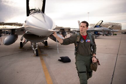 First Lt. James Demkowicz, a student pilot assigned to the 149th Fighter Wing, Air National Guard, conducts preflight checks prior to launch during Coronet Cactus, Feb. 28, 2020, at Luke Air Force Base, Ariz. The annual training event deploys members of the 149th Fighter Wing, headquartered at Joint Base San Antonio-Lackland, Texas, to another environment to familiarize them with accomplishing mission objectives in an unfamiliar location.