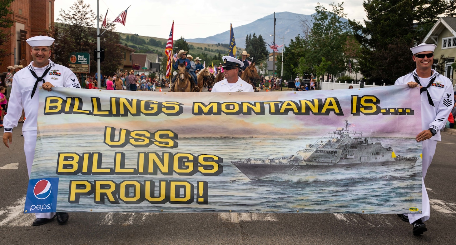 210703-N-GF955-1302

BILLINGS, Mont. (July 03, 2021) Sailors assigned to the Freedom-variant littoral combat ship USS Billings (LCS 15) participate in a parade in Billings, Mont., July 03, 2021. Crew members are visiting the ship’s namesake city to participate in a variety of community events. USS Billings (LCS 15) is homeported at Naval Station Mayport, Fla. (U.S. Navy photo by Mass Communication Specialist Seaman Aaron Lau/Released)