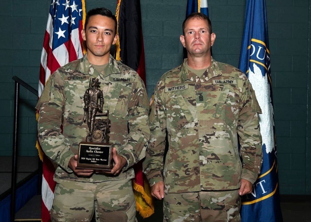 Spc. Aydin T. Chester and Command Sgt. Maj. Jesse Withers