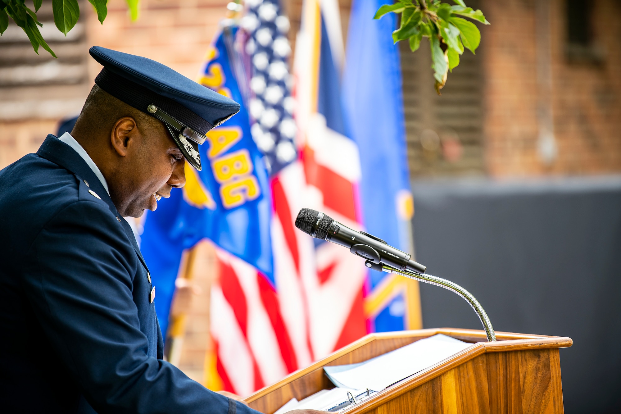 U.S. Air Force Lt. Col. Jarvora Duncan, 423rd Force Support Squadron outgoing commander, speaks during a change of command ceremony at RAF Alconbury, England, July 8, 2021. After relinquishing command of the 423rd FSS, Duncan will continue his career at MacDill Air Force Base, Florida. (U.S. Air Force photo by Senior Airman Eugene Oliver)