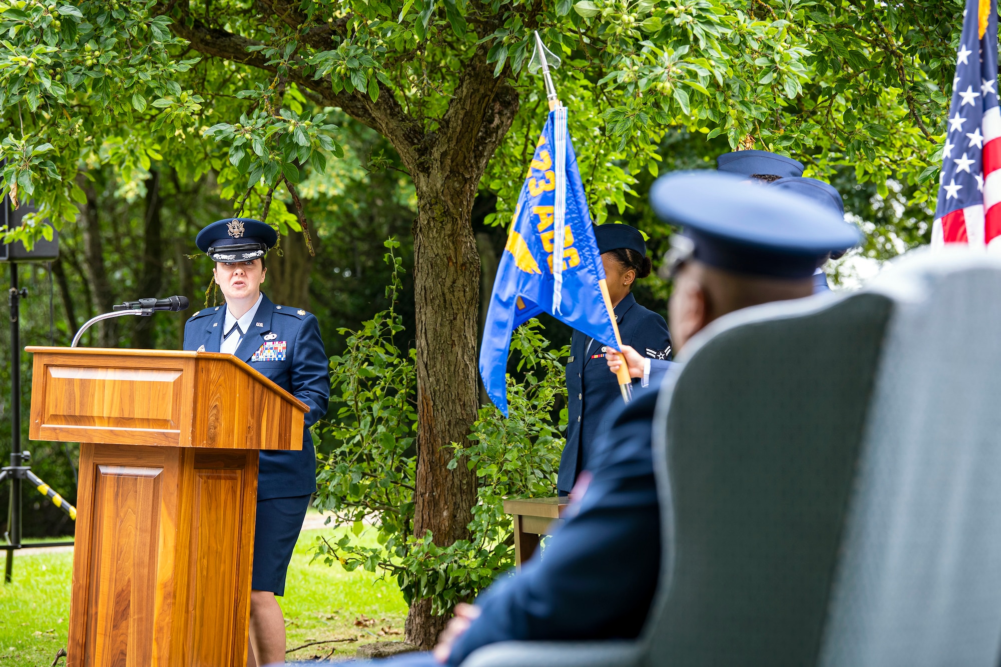 U.S. Air Force Maj. Kirsten Nicholls, left, 423rd Force Support Squadron incoming commander, speaks during a change of command ceremony at RAF Alconbury, England, July 8, 2021. Prior to assuming command of the 423rd FSS Nicholls was a student at the Air Command and Staff College, Maxwell AFB, Alabama. (U.S. Air Force photo by Senior Airman Eugene Oliver)