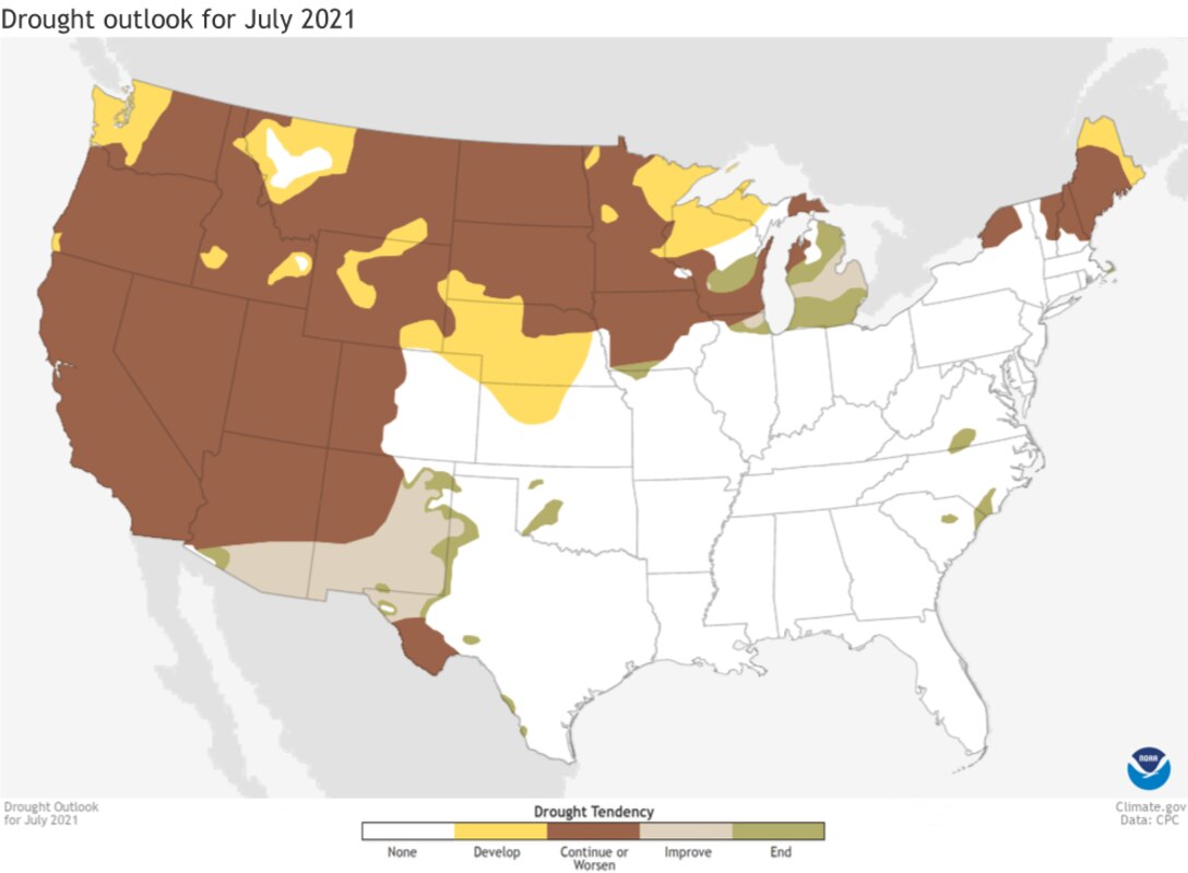 Drought forecast for the Lower 48 U.S. states in July 2021. Climate.gov map from Data Snapshots, based on data from the Climate Prediction Center.