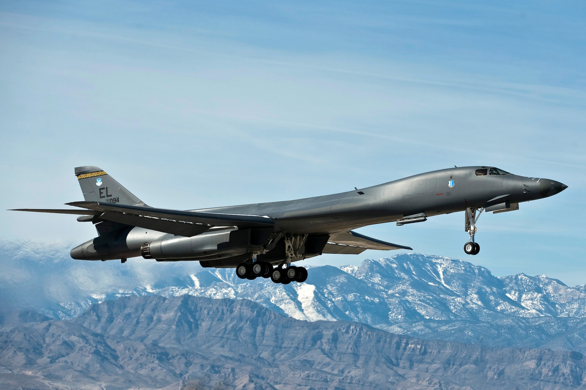 A U.S. Air Force B-1B Lancer departs for a training mission over the Nevada Test and Training Range during Red Flag 12-2 at Nellis Air Force Base, Nev. Red Flag is a combat training exercise involving the air forces of the United States and its allies. The exercise is hosted north of Las Vegas on the NTTR.
(U.S. Air Force photo by Senior Airman Brett Clashman)