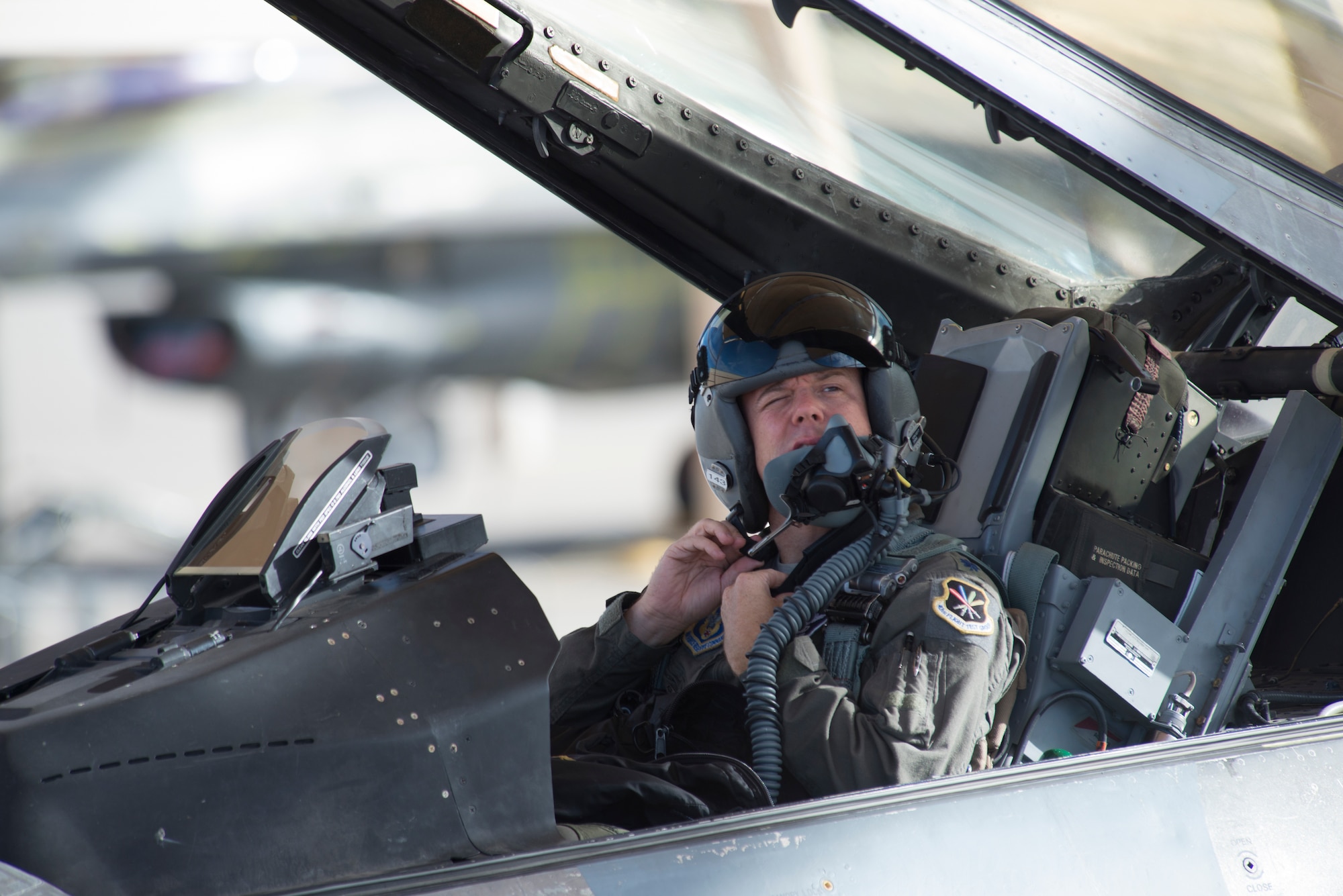 Lt. Col. Martin Meyer, the director of flight test at the Aerospace Maintenance and Regeneration Group, prepares to fly a rebuilt F-16 Fighting Falcon to Cecil Field, Jacksonville, Fl., to be modified into a QF-16. Using the QF-16 as an aerial target gives the warfighter the most realistic approach to a real world mission profile. (U.S. Air Force photo by Tech. Sgt. Perry Aston)