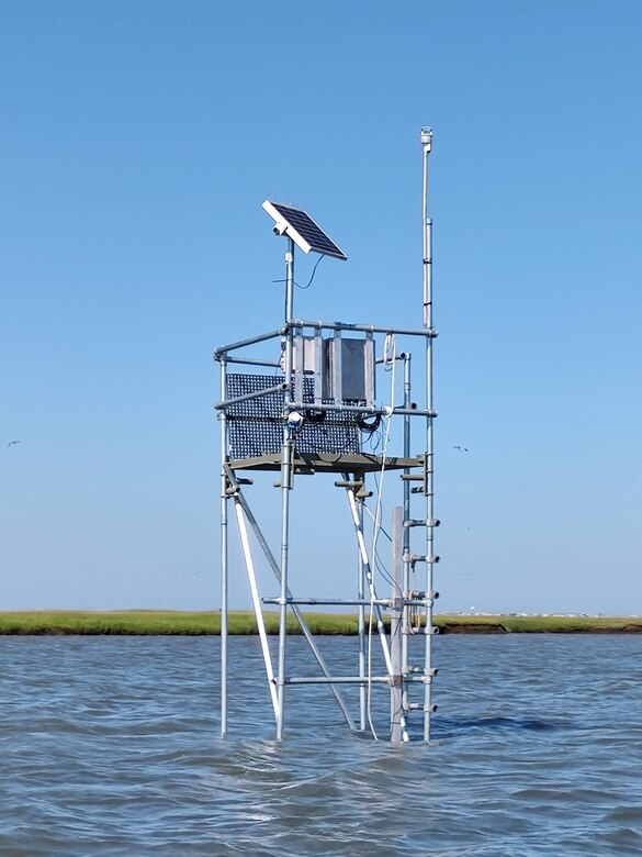 A data-collection platform installed in shallow water.