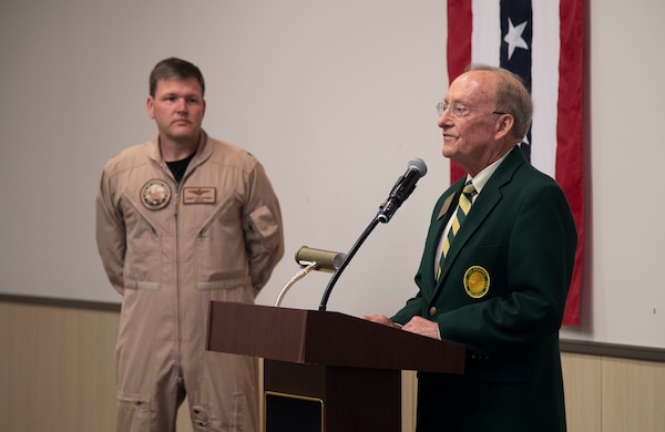 CORPUS CHRISTI, Texas (July 7, 2021) National Commander of the Order of the Daedalians retired Air Force Maj. Gen. Jerry Allen presents the Adm. James S. Russell Naval Aviation Flight Safety Award to Chief of Naval Air Training Rear Adm. Robert Westendorff during a ceremony at Naval Air Station Corpus Christi, July 7. The award is a companion to the Navy Safety Center's Naval Aviation Readiness Through Safety Award. Selection for these annual awards is based on units' mishap rates, flight exposure, safety trends over the past three years, and aviation safety management system. (U.S. Navy photo by Lt. Michelle Tucker/Released)