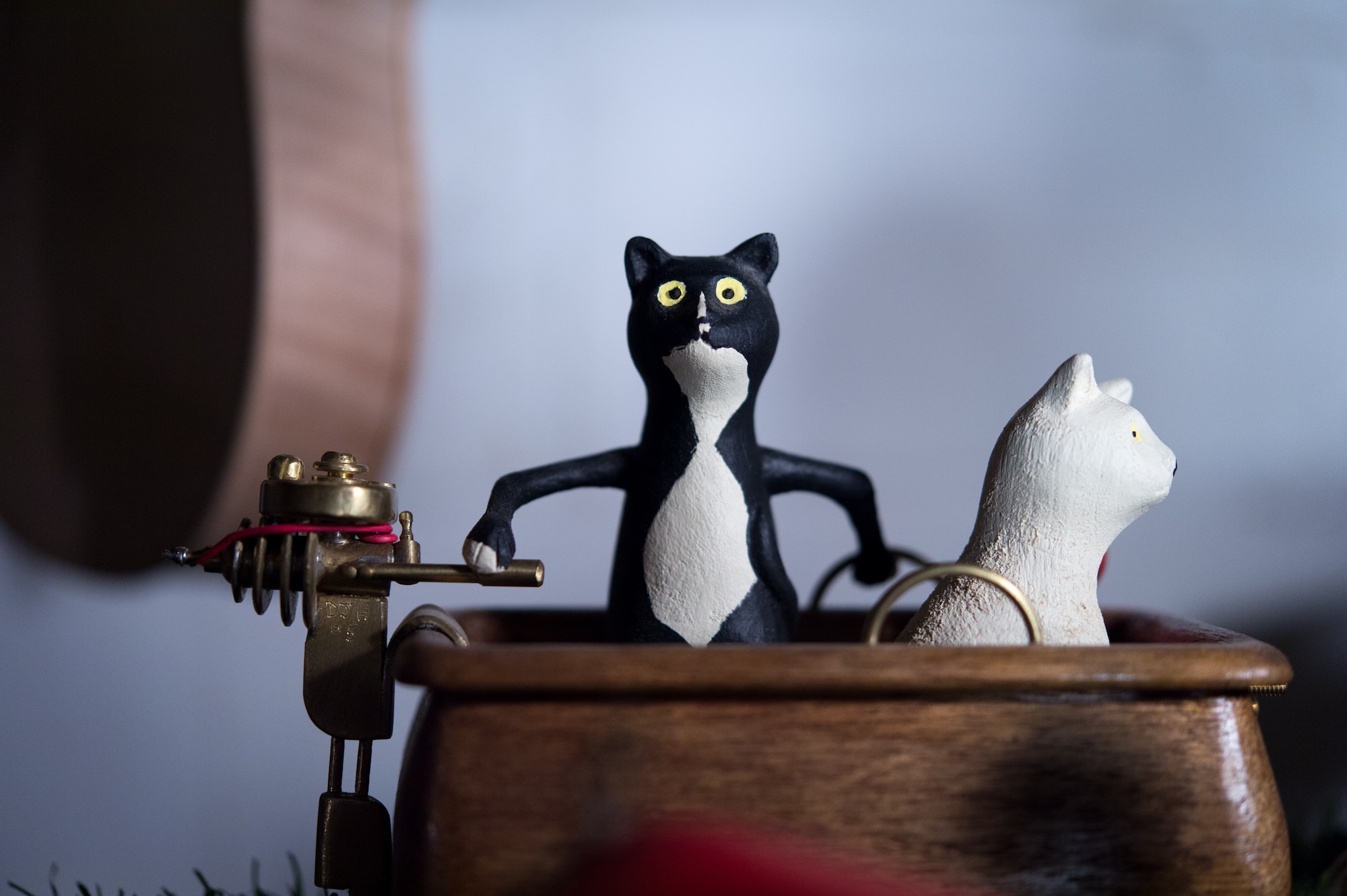 A mechanical folk art creation by retired U.S. Air Force Master Sgt. Daniel Holmes, depicts some of his beloved cats at his home in Lowell, Mass., Jun. 1, 2018. Holmes utilizes his art to teach Airmen various electronic and mechanical skills not taught during their technical training in order for them to maintain 1960's era technology used at the Sagamore Hill Solar Observatory of the 2nd Weather Squadron, Det. 2, in Hamilton, Mass. (U.S. Air Force photo by J.M. Eddins Jr.)