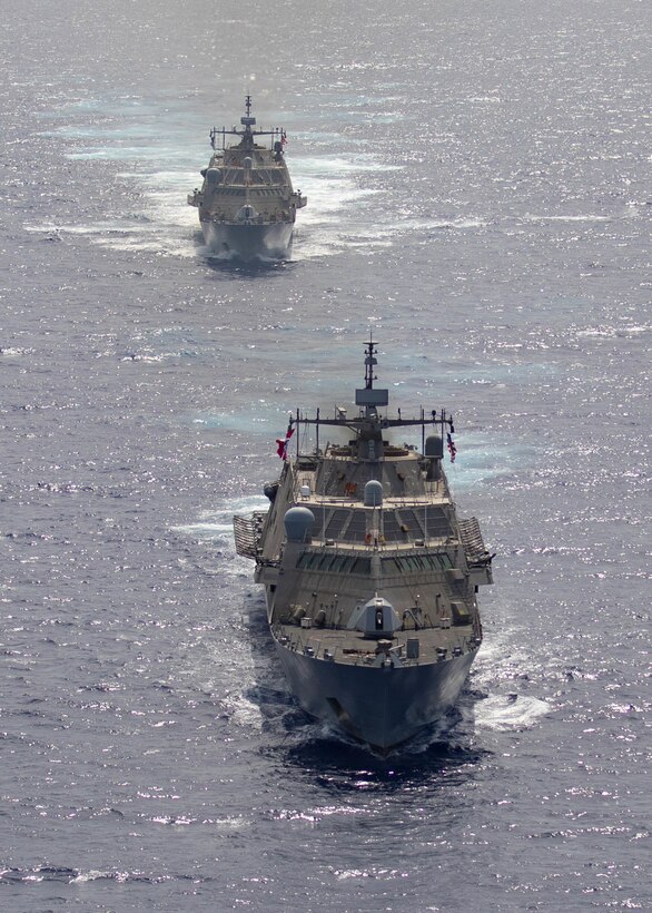 USS Wichita (LCS 13), USS Billings (LCS 15), and their embarked aviation detachments participate in a maritime training exercise with the Freedom-variant littoral combat ship USS Sioux City (LCS 11).