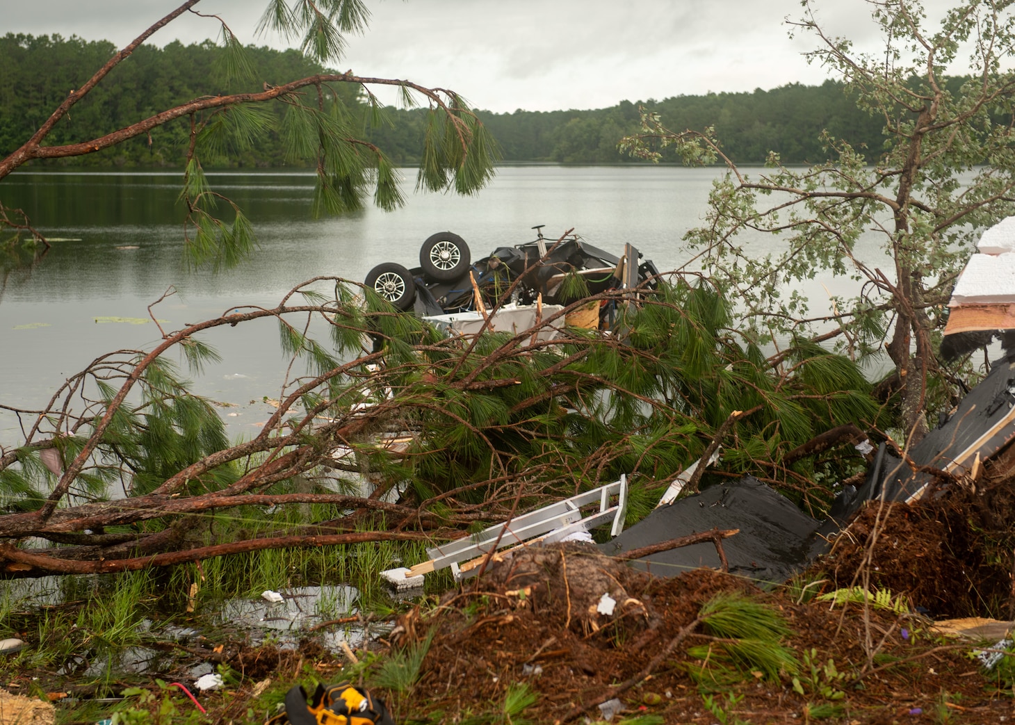 Twelve recreational vehicles were damaged and nine people suffered non-life-threatening injuries when a tornado touched down at an RV park at Naval Submarine Base Kings Bay. Ga., July 7, 2021.