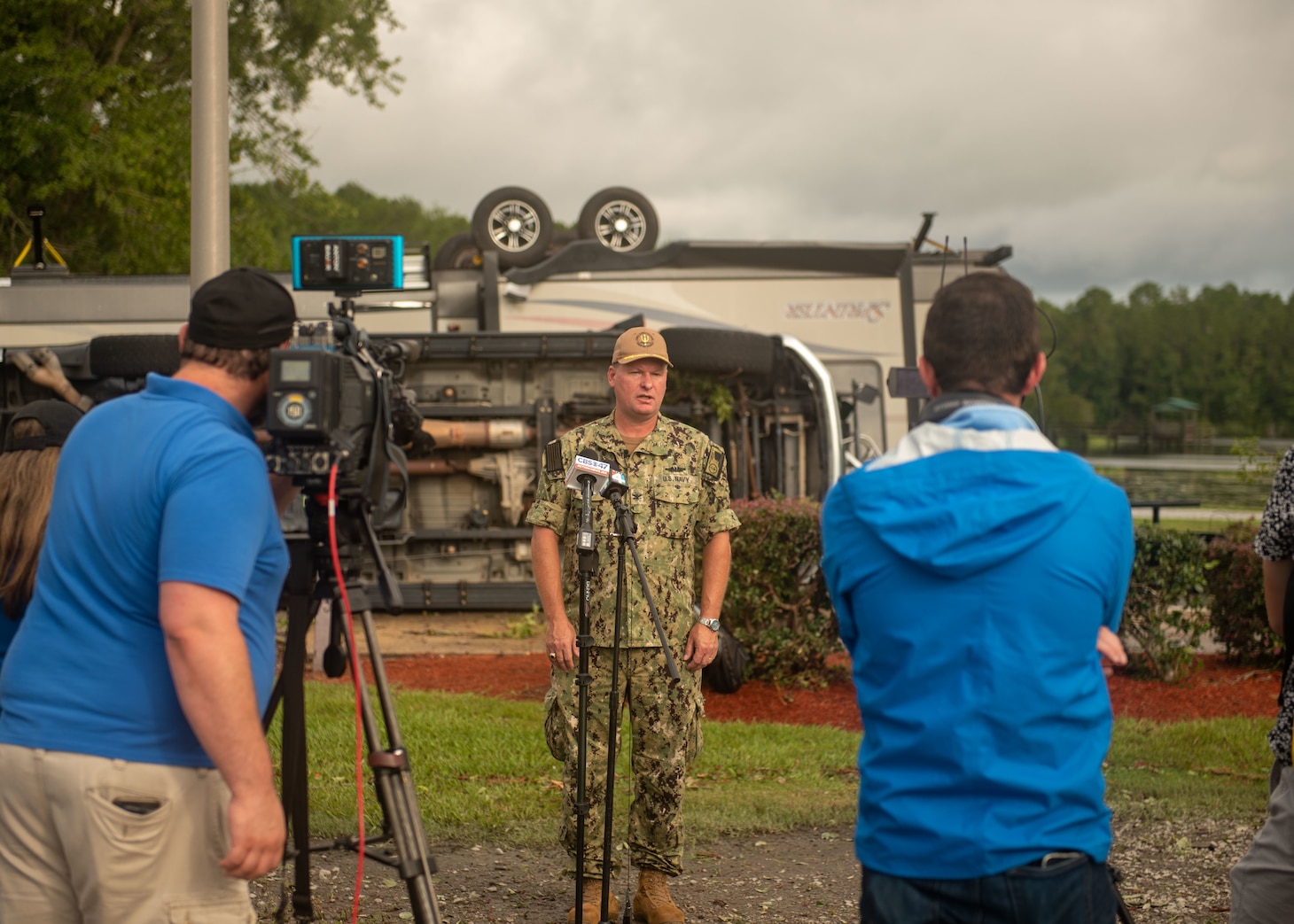 Twelve recreational vehicles were damaged and nine people suffered non-life-threatening injuries when a tornado touched down at an RV park at Naval Submarine Base Kings Bay. Ga., July 7, 2021.