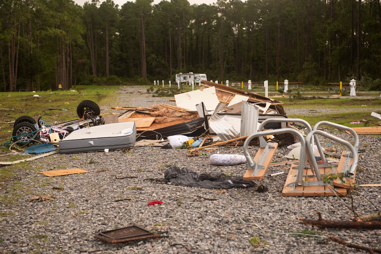 Twelve recreational vehicles were damaged and nine people suffered non-life-threatening injuries when a tornado touched down at an RV park at Naval Submarine Base Kings Bay. Ga., July 7, 2021.