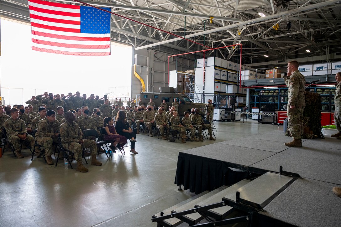 Maj. Brian Gilliam, 341st Missile Security Operations Squadron outgoing commander, renders his final salute to his squadron before relinquishing command during a change of command ceremony July 7, 2021, at Malmstrom Air Force Base, Mont.