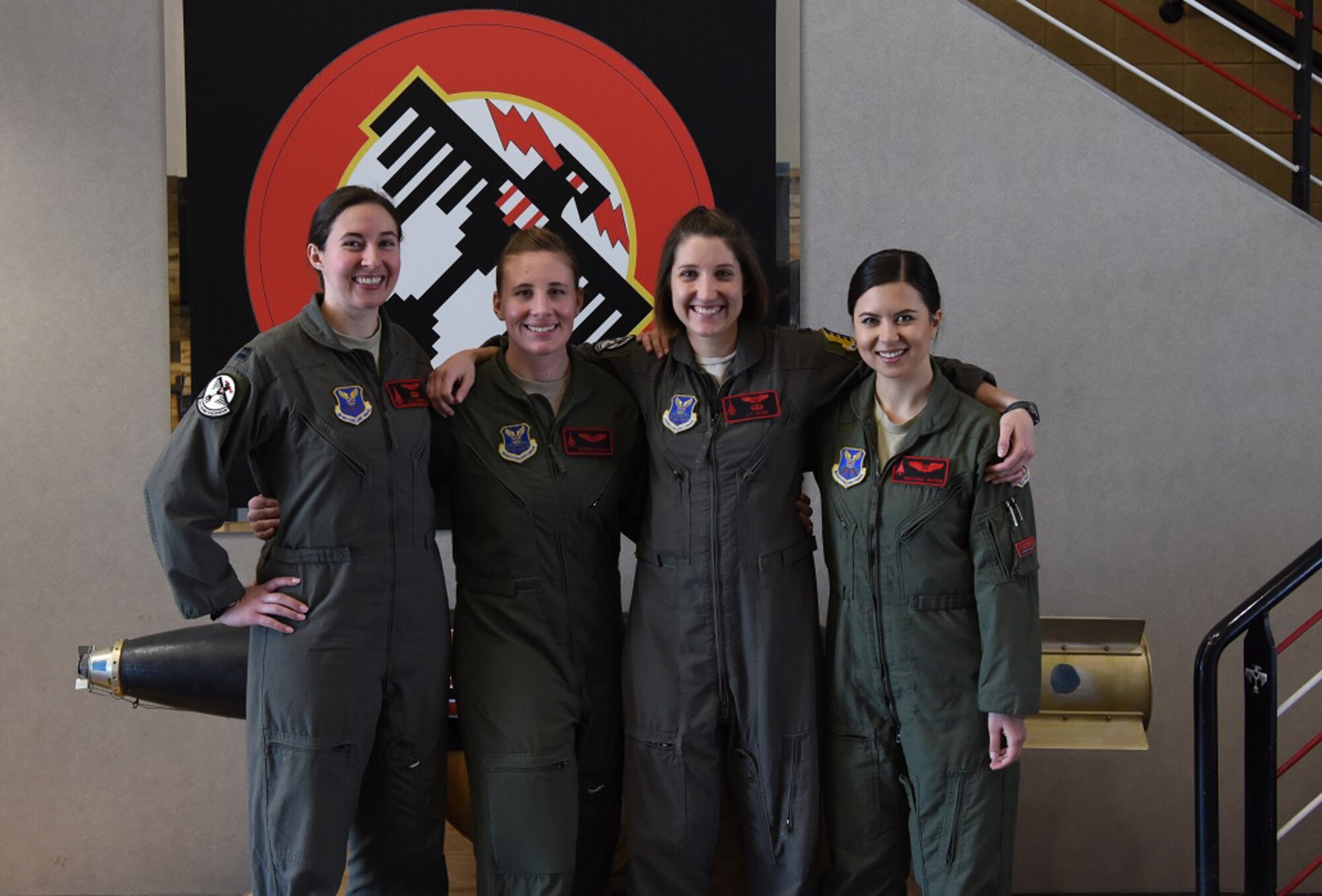 Members of the 34th Bomb Squadron, Capt. Lillian Pryor, a B-1 pilot; Capt. Danielle Zidack, a weapon systems officer; Capt. Lauren Olme, a B-1 pilot; and 1st Lt. Kimberly Auton, a weapon systems officer, stand together prior to conducting an all-female flight out of Ellsworth Air Force Base, S.D., March 21, 2018. The flight was in honor of Women’s History Month and consisted of routine training in the local area. (U.S. Air Force photo by Staff Sgt. Jette Carr)