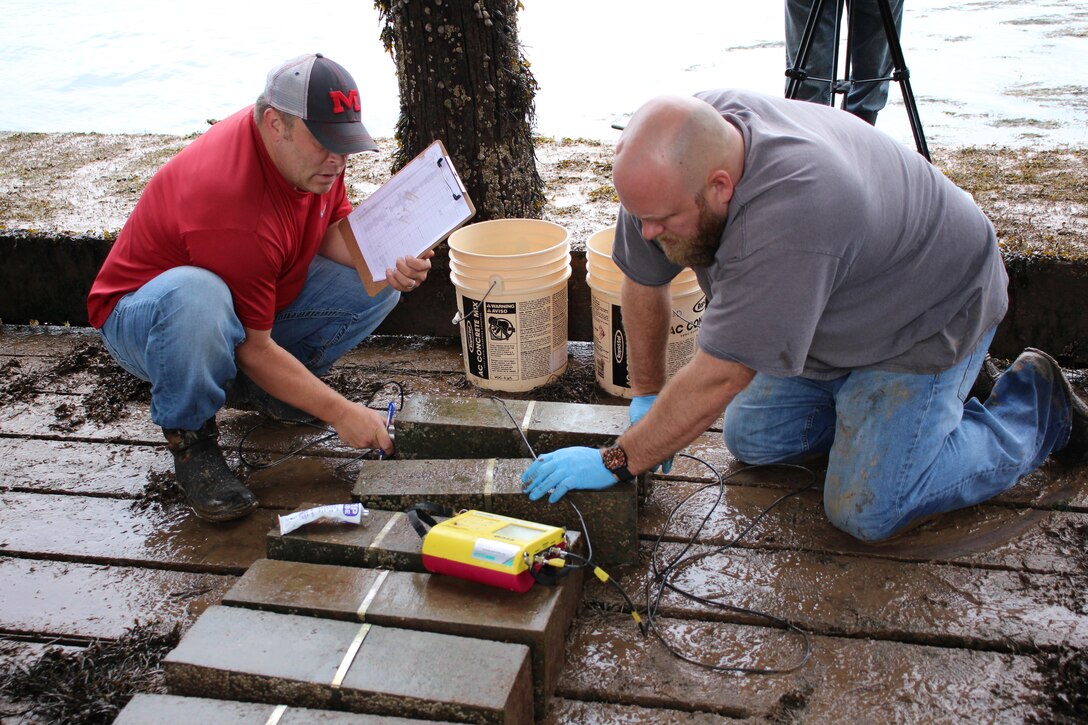 Engineers from the U.S. Army Engineer Research and Development Center’s Geotechnical and Structures Laboratory, located in Vicksburg, Mississippi, test non-destructive sustainable concrete materials at ERDC’s field exposure site at Treat Island, Maine.