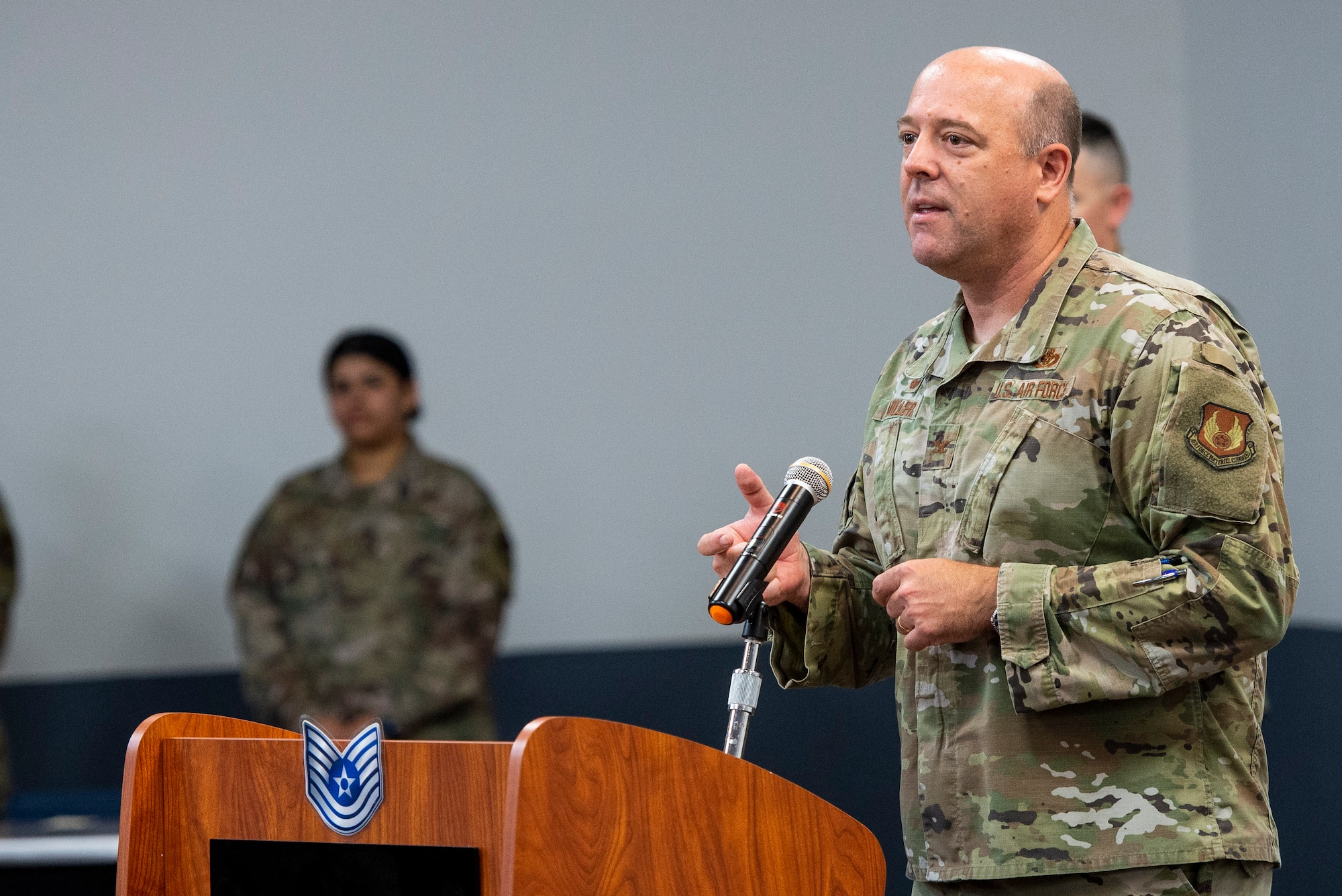 U.S. Air Force Col. Patrick Miller, 88th Air Base Wing and installation commander, provides closing remarks during the 2021 Technical Sergeant Release Party inside the Hope Hotel at Wright-Patterson Air Force Base, Ohio, June 30, 2021. This year 26.94% of those eligible were promoted to the next rank. (U.S. Air Force photo by Wesley Farnsworth)