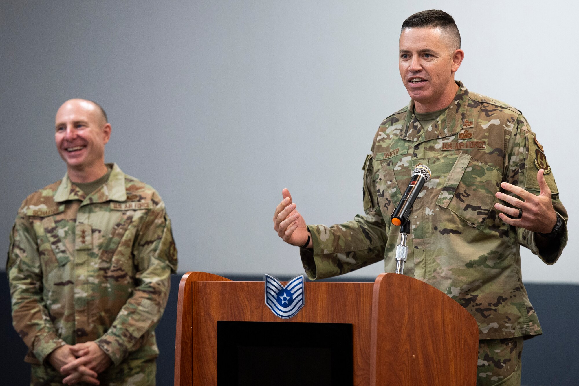 U.S. Air Force Chief Master Sgt. Jason Shaffer, 88th Air Base Wing command chief, provides opening remarks during the 2021 Technical Sergeant Release Party inside the Hope Hotel at Wright-Patterson Air Force Base, Ohio, June 30, 2021. This year 26.94% of those eligible were promoted to the next rank. (U.S. Air Force photo by Wesley Farnsworth)