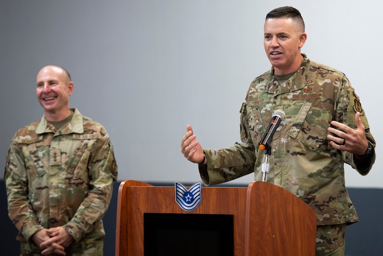 U.S. Air Force Chief Master Sgt. Jason Shaffer, 88th Air Base Wing command chief, provides opening remarks during the 2021 Technical Sergeant Release Party inside the Hope Hotel at Wright-Patterson Air Force Base, Ohio, June 30, 2021. This year 26.94% of those eligible were promoted to the next rank. (U.S. Air Force photo by Wesley Farnsworth)
