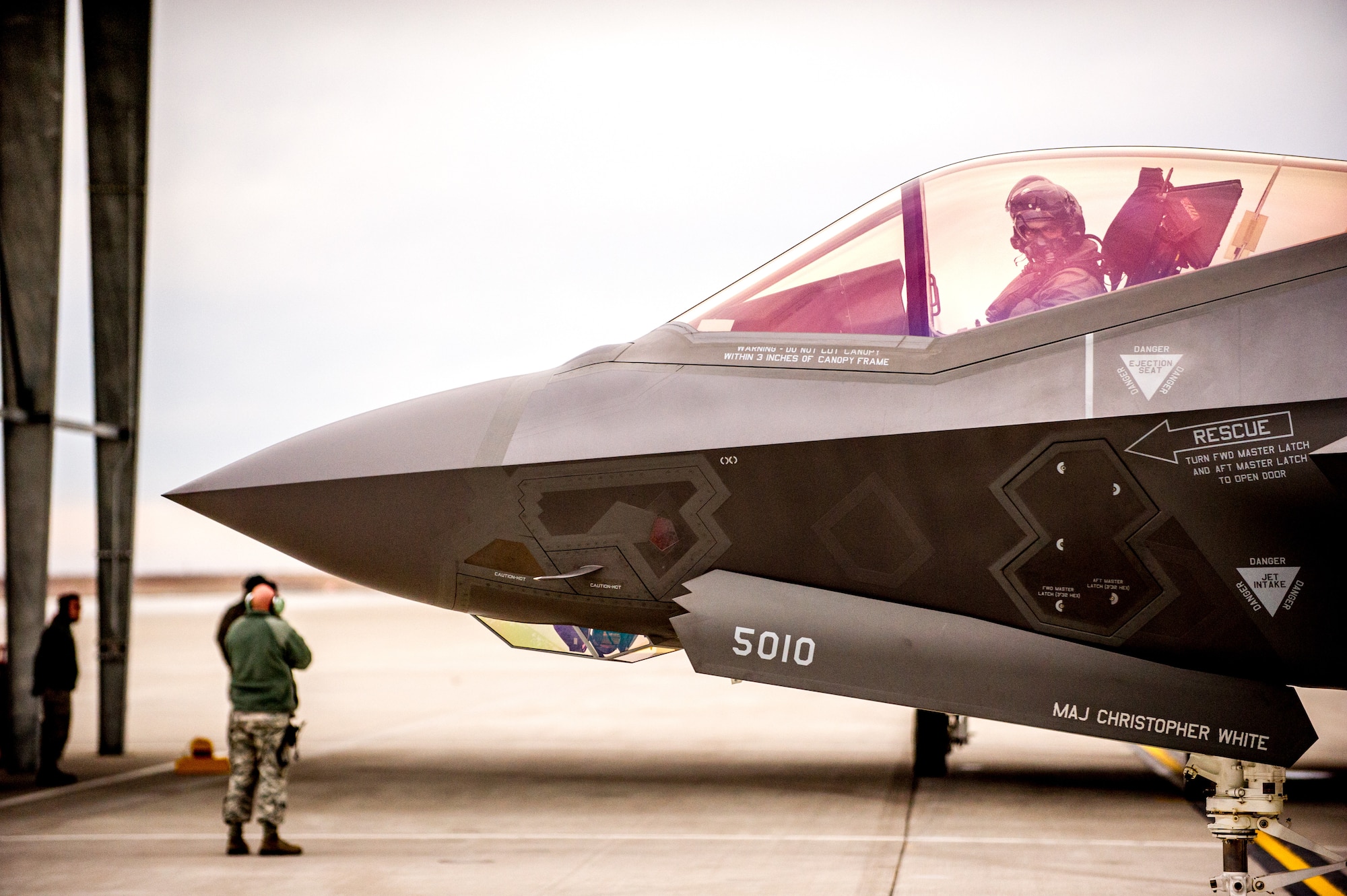 Maj. Nathan Sabin, taxis an F-35A of the 31st Test and Evaluation Squadron, a tenant unit at Edwards Air Force Base, Calif., before a test flight at Mountain Home AFB, Idaho, Feb 17, 2016. Six operational test and evaluation F-35s and more than 85 Airmen of the 31st TES travelled to Mountain Home AFB to conduct the first simulated deployment test of the F-35A, specifically to execute three key initial operational capability mission sets: suppression of enemy air defenses, close air support and air interdiction. (U.S. Air Force photo by J.M. Eddins Jr.)