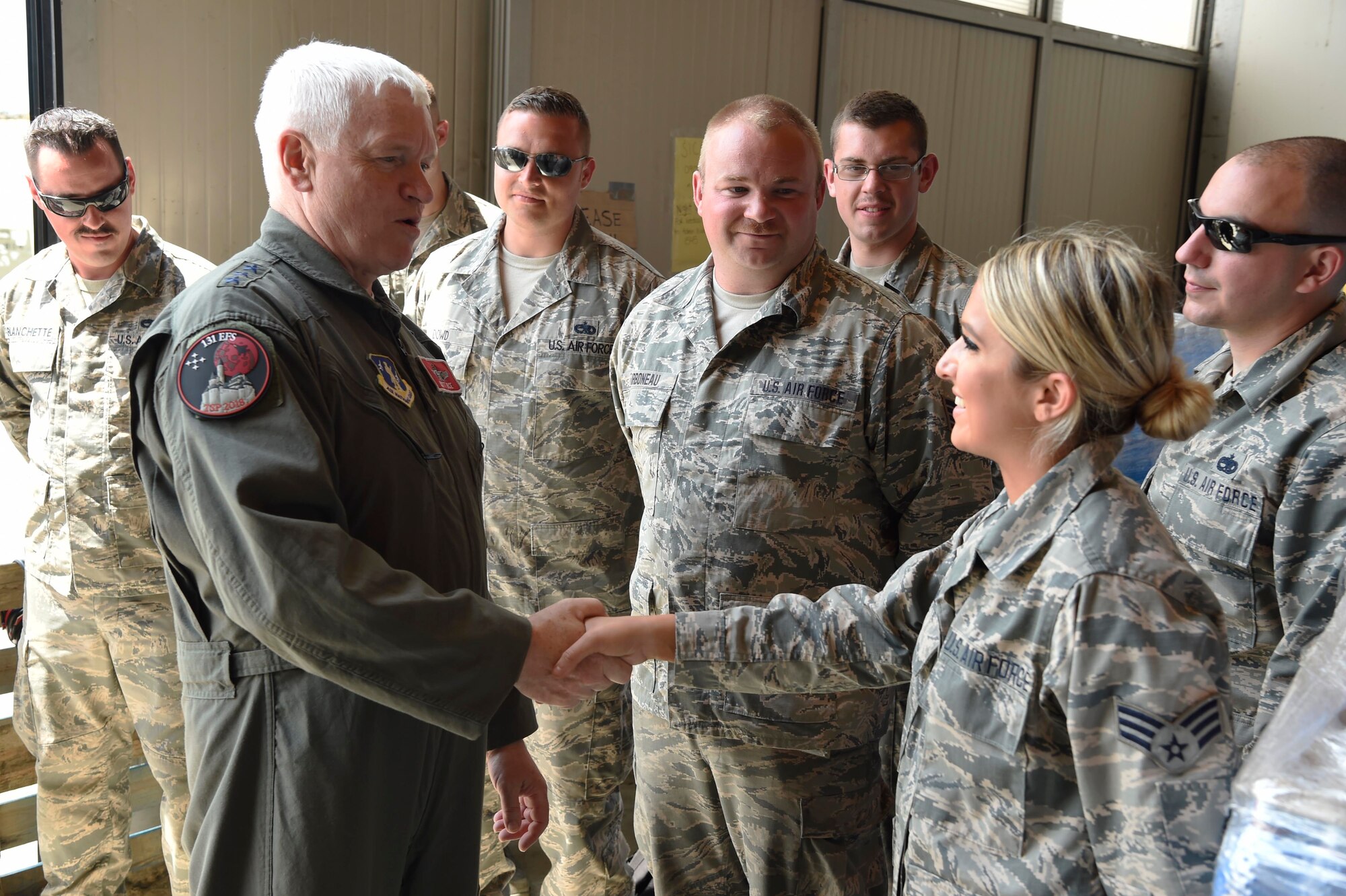 U.S. Air Force General Scott Rice, Air National Guard director, visits guard Airmen from the 131st Expeditionary Fighter Squadron, Massachusetts Air National Guard, deployed to Câmpia Turzii, Romania, June 22, 2018. Rice thanked the guardsmen for their professionalism while they train with the Romanian Air Force in support of Operation Dacian Eagle. (U.S. Air Force photo by Staff Sgt. Joshua R. M. Dewberry)