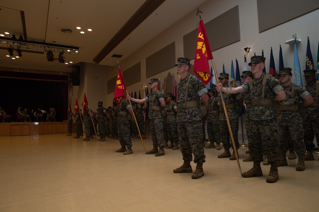 U.S. Marines with Combat Logistics Regiment 3, 3d Marine Logistics Group, participate in a change of command ceremony on Camp Foster, Okinawa, Japan, June 30, 2021. 3d MLG, based out of Okinawa, Japan, is a forward deployed combat unit that serves as III Marine Expeditionary Force’s comprehensive logistics and combat service support backbone for operations throughout the Indo-Pacific area of responsibility. (U.S. Marine Corps photo by Lance Cpl. Courtney A. Robertson)