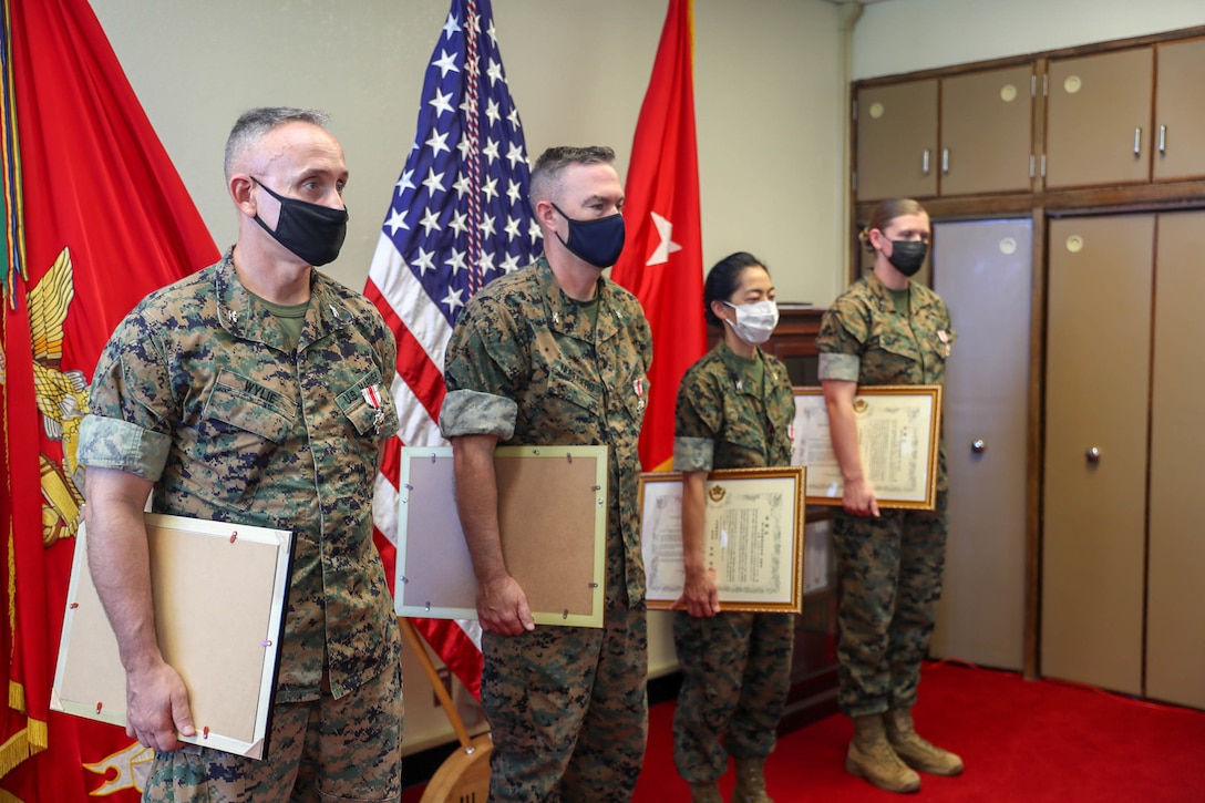 Japan Self Defense Force Defense Cooperation Awards 2nd Class are displayed prior to a virtual award ceremony on Camp Courtney, Okinawa, Japan, July 7, 2021.