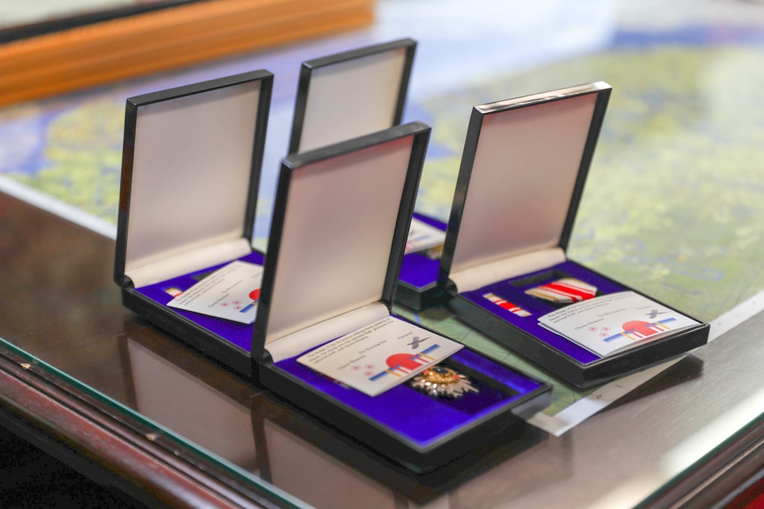 Japan Self Defense Force Defense Cooperation Awards 2nd Class are displayed prior to a virtual award ceremony on Camp Courtney, Okinawa, Japan, July 7, 2021.