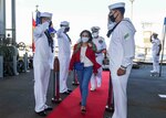 (July 8, 2021) Spanish Minister of Defense Margarita Robles walks through the side boys before receiving a tour aboard the Expeditionary Sea Base USS Hershel “Woody” Williams (ESB 4) in the Atlantic Ocean, July 8, 2021. Hershel “Woody” Williams is on a scheduled deployment in the U.S. Sixth Fleet area of operations in support of U.S. national interests and security in Europe and Africa.
