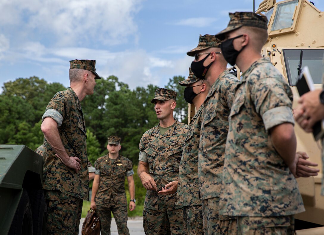 The Assistant Commandant of the Marine Corps (ACMC), Gen. Gary L. Thomas, visited Marines and Sailors with 2nd Marine Logistics Group at Camp Lejeune, North Carolina, July 7, 2021.  During the visit, the ACMC spoke to members of the unit about medical logistics and transportation capabilities of the 2nd MLG.  Recently the 2nd MLG provided support to COVID-19 FEMA operations and completed the longest convoy in Marine Corps history. (U.S. Marine Corps photo by Staff Sgt. Wesley Timm).