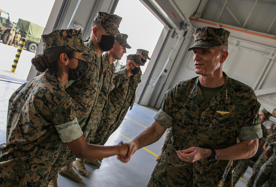 The Assistant Commandant of the Marine Corps (ACMC), Gen. Gary L. Thomas, visited Marines and Sailors with 2nd Marine Logistics Group at Camp Lejeune, North Carolina, July 7, 2021.  During the visit, the ACMC spoke to members of the unit about medical logistics and transportation capabilities of the 2nd MLG.  Recently the 2nd MLG provided support to COVID-19 FEMA operations and completed the longest convoy in Marine Corps history. (U.S. Marine Corps photo by Staff Sgt. Wesley Timm).