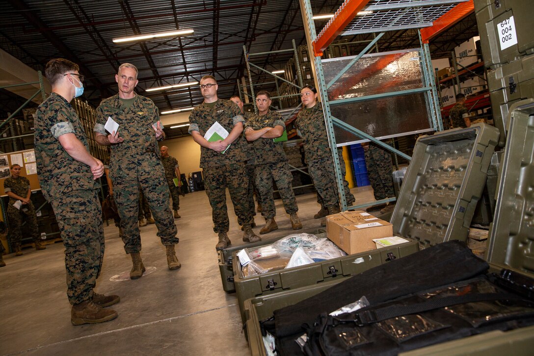 The Assistant Commandant of the Marine Corps (ACMC), Gen. Gary L. Thomas, visited Marines and Sailors with 2nd Marine Logistics Group at Camp Lejeune, North Carolina, July 7, 2021.  During the visit, the ACMC spoke to members of the unit about medical logistics and transportation capabilities of the 2nd MLG.  Recently the 2nd MLG provided support to COVID-19 FEMA operations and completed the longest convoy in Marine Corps history. (U.S. Marine Corps photo by Staff Sgt. Wesley Timm).