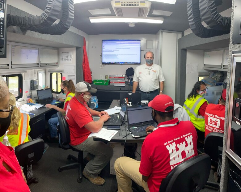 U.S. Army Corps of Engineers Planning and Response Team members respond to the Hurricane Laura aftermath in the Lake Charles, Louisiana area. The Memphis District actively responds to emergencies throughout the country, assisting in the form of the Blue Roof Program, debris removal, temporary housing and infrastructure support, and temporary emergency power.