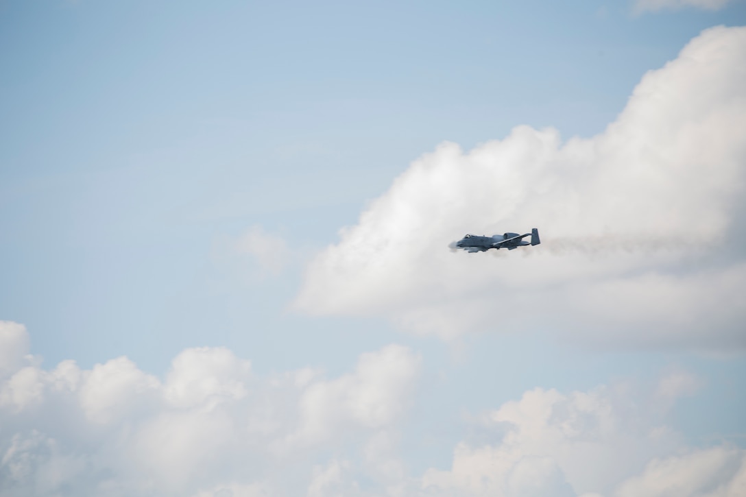 An A-10C Thunderbolt II with the 75th Fighter Squadron fires its GAU-8/A 30mm cannon in support of Marine Raiders at Moody Air Force Base, Ga., May 10, 2021. The training gave the Raiders an opportunity to call in CAS from various aircraft. This reinforces past knowledge to ensure proficiency in the operational environment. (U.S. Marine Corps photo by Cpl. Ethan Green)