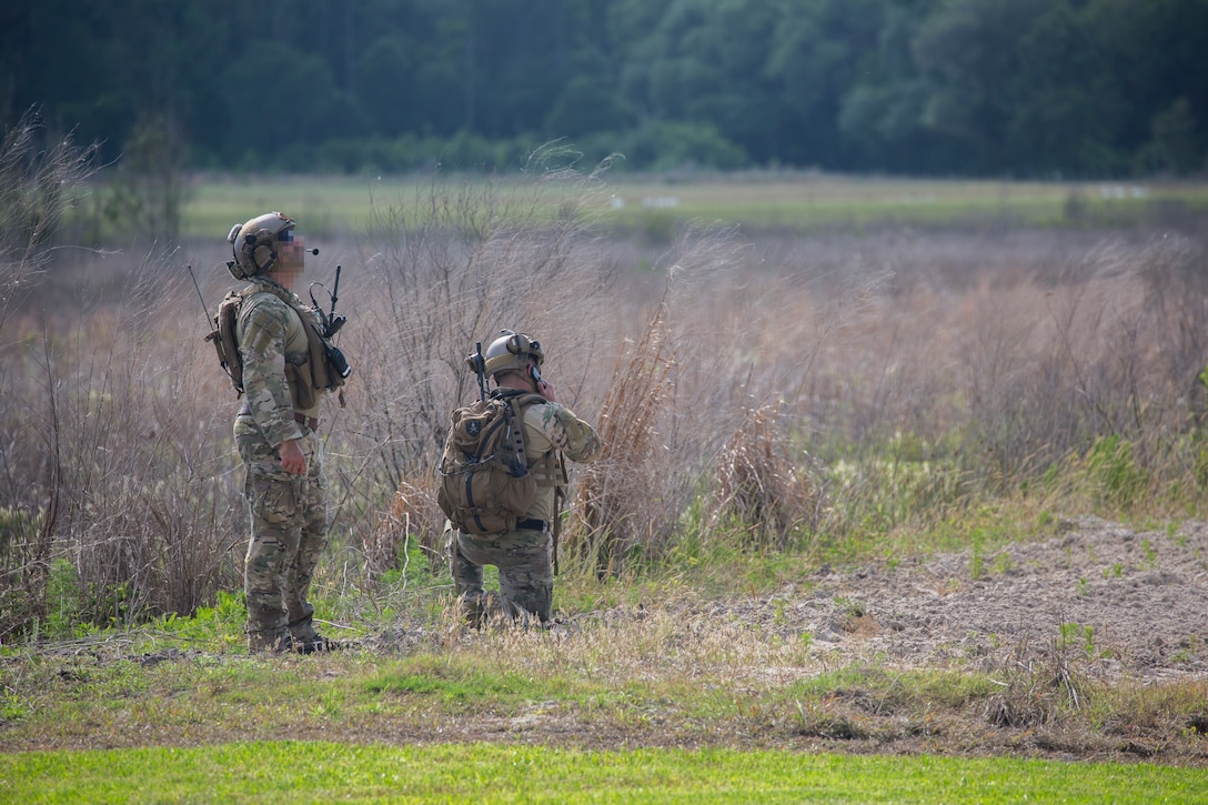 Special Operations Capability Specialists - B call in close air support from an A-10C Thunderbolt II at Moody Air Force Base, Ga., May 10, 2021. The training gave the SOTACs an opportunity to call in CAS from various aircraft. This reinforces past knowledge to ensure proficiency in the operational environment. (U.S. Marine Corps photo by Cpl. Ethan Green)