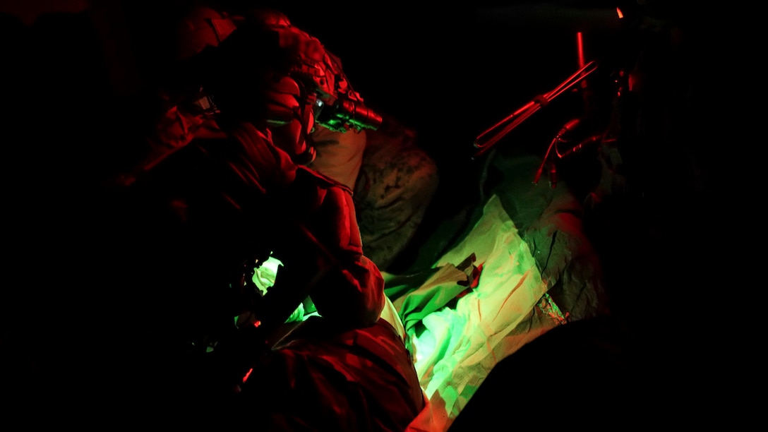 Marine Raiders provide medical care to a simulated casualty during a RAVEN unit readiness exercise in Nashville, Tenn., May 11, 2021. RAVEN is a training exercise held to evaluate all aspects of a Marine Special Operations Company prior to a Marine Forces Special Operations Command deployment. (U.S. Marine Corps photo by Cpl. Brennan Priest)