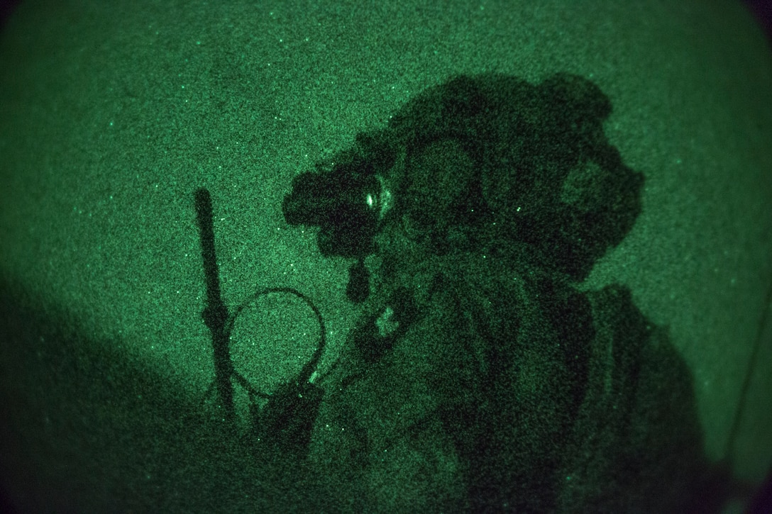 Special Operations Terminal Attack Controllers call in close air support from an A-10C Thunderbolt II at Moody Air Force Base, Ga., May 10, 2021. The training gave the SOTACs an opportunity to call in CAS from various aircraft. This reinforces past knowledge to ensure proficiency in the operational environment. (U.S. Marine Corps photo by Cpl. Ethan Green)