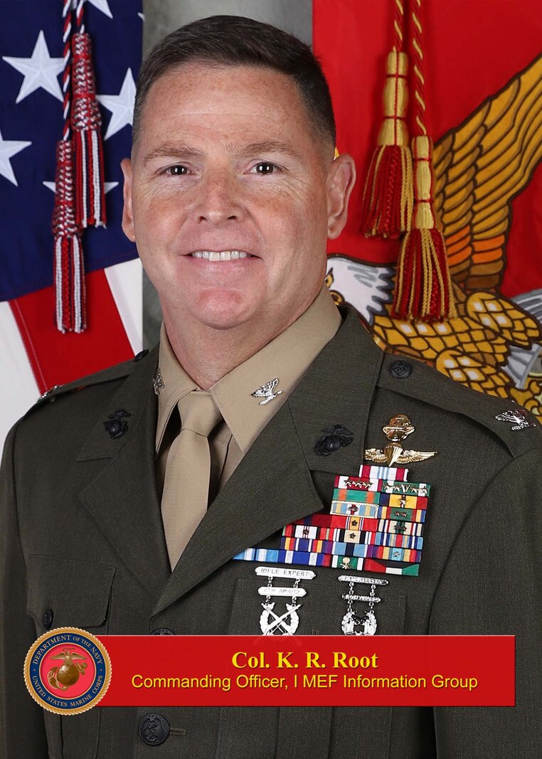 This is the official command photo for the I Marine Expeditionary Force Information Group Commanding Officer.