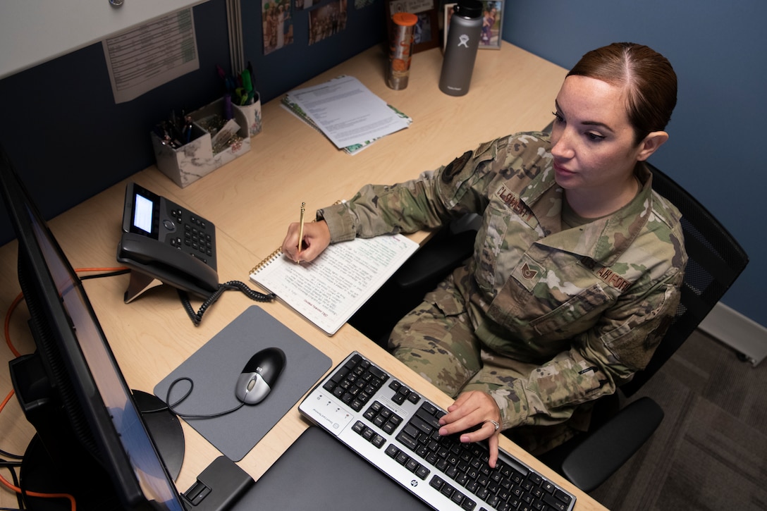 U.S. Air Force Tech. Sgt. Maria Cloherty, 325th Logistics Readiness Squadron equipment accountability noncommissioned officer in charge, maintains accountability of equipment at Tyndall Air Force Base, Florida, July 6, 2021.
