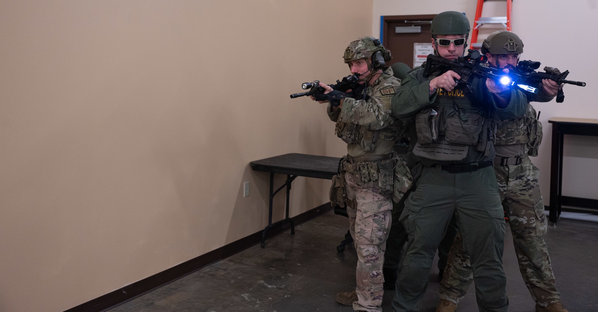 The training event integrated the Louisiana State Police, Louisiana State Police SWAT, 2nd Security Forces Squadron, and Mobile Field Force members. These are agencies who would work together during dangerous situations to help resolve them.