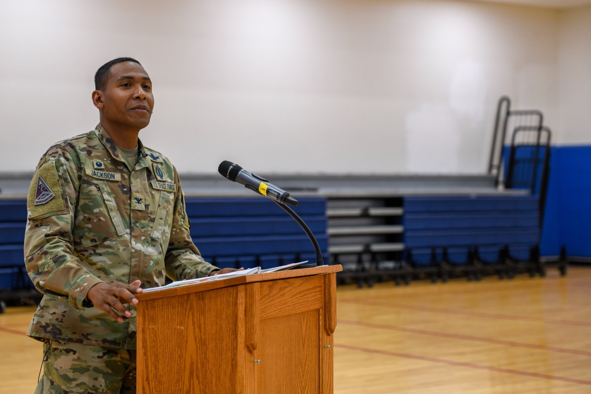 Col. Marcus Jackson, Buckley Garrison commander, prepares his notes for his first commander's call at Buckley Space Force Base, Colo., July 9, 2021.