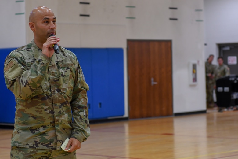 Chief Master Sgt. Robert Devall, Buckley Garrison command chief, addresses attendees of the commander's call at Buckley Space Force Base, Colo., July 9, 2021.