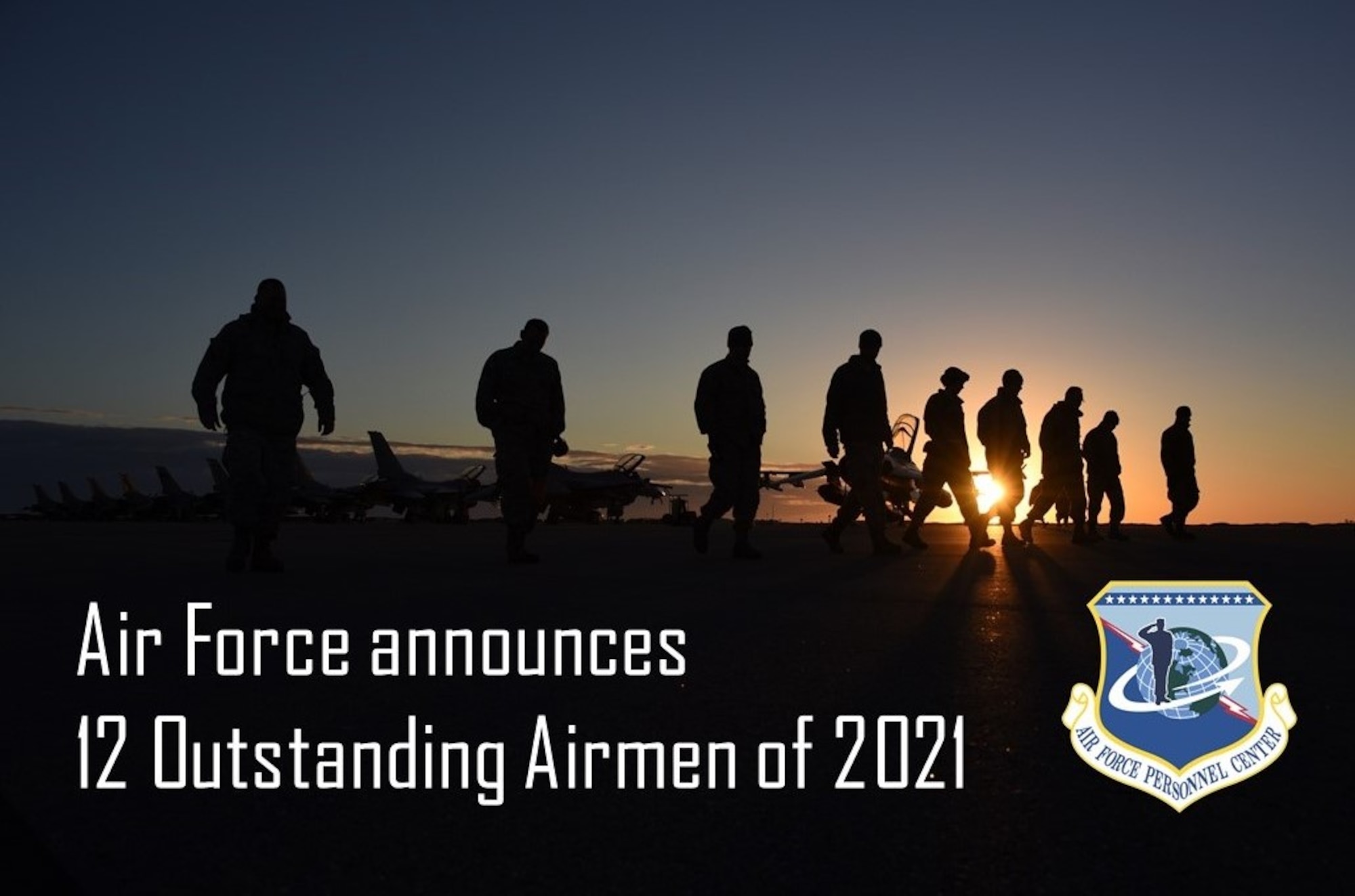 Graphic of a silhouette of Airmen walking across flight line.