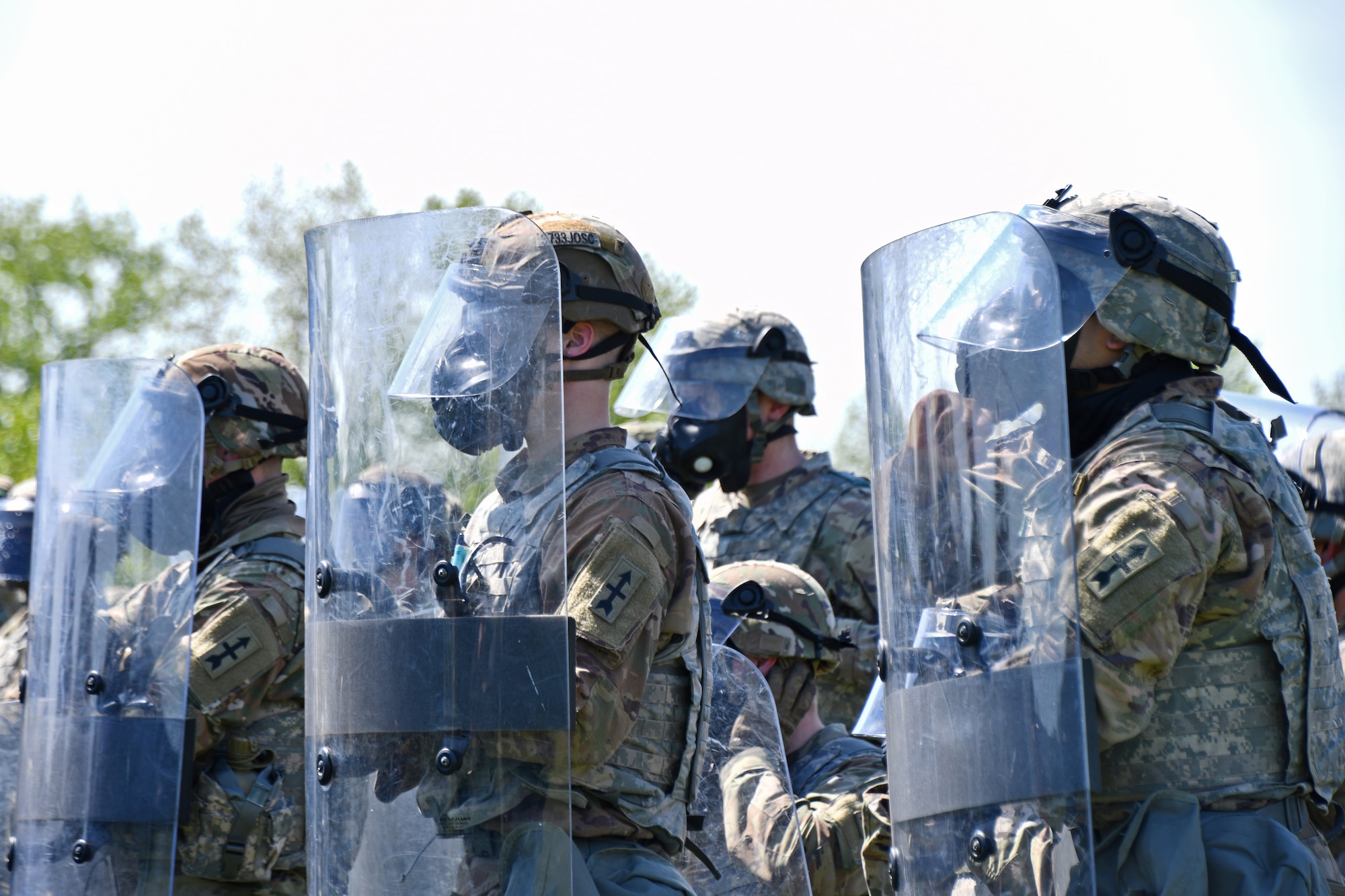 U.S. Army and Air National Guardsmen participate in a Civil Disturbance Unit training event with Capitol Police at the Park Police training grounds in Washington, D.C., April 27, 2021. Since January, Army and Air National Guard units from around the country have provided ongoing security, communication, medical, evacuation, logistical and safety support to capital civil authorities. (U.S. Air National Guard photo by Staff Sgt. Hanna Smith)