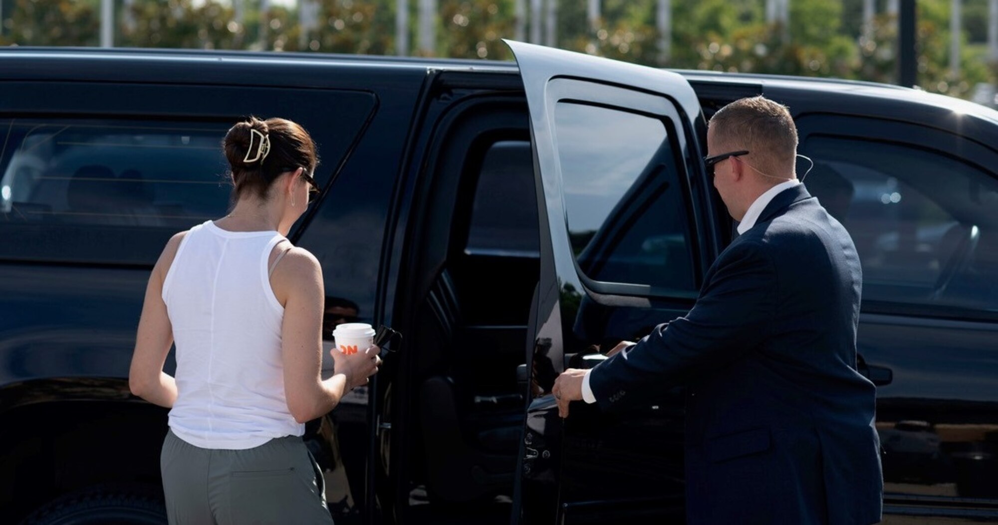 Jamie Gray Hyder, one of the stars of the television drama series Law & Order: Special Victims Unit, is escorted by a member of the Protective Services Operations Foreign Dignitary Team from the 1st Field Investigations Squadron, Detachment 5, Joint Base Anacostia-Bolling, D.C., during an Office of Special Investigations mission immersion orientation July 1, 2021. (U.S. Air Force photo by SrA Amir Young, 316 WG/PA)