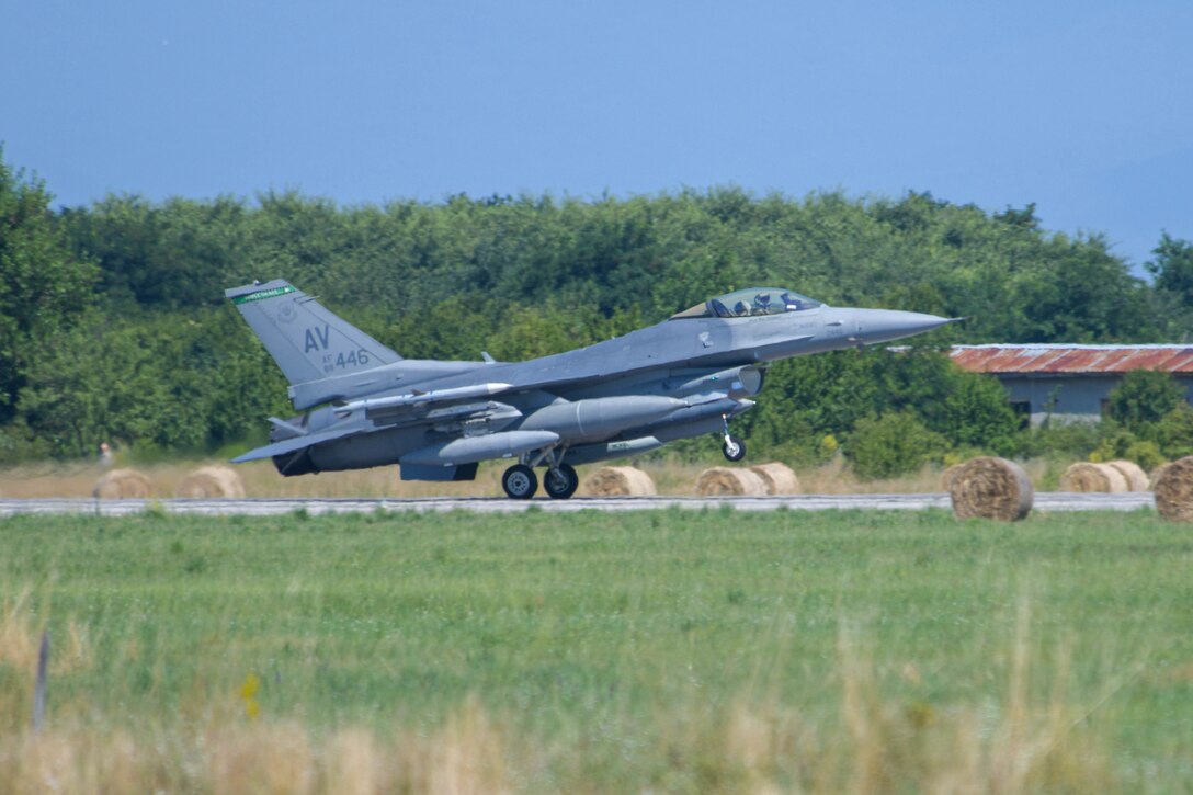 A U.S. Air Force F-16 Fighting Falcon assigned to the 555th Fighter Squadron lands at Graf Ignatievo Air Base, Bulgaria, for exercise Thracian Star 21, July 9, 2021. Thracian Star 21 is a multilateral training exercise with the Bulgarian air force, aimed to enhance the ability to rapidly deploy to remote locations and provide a credible force to assure stability for the region. (U.S. Air Force photo by Airman 1st Class Brooke Moeder)