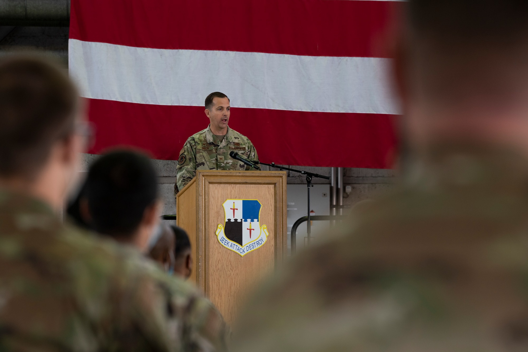 U.S. Air Force Col. James Vinson, 52nd Maintenance Group commander, speaks during the 52nd Maintenance Squadron assumption of command ceremony July 9, 2021, on Spangdahlem Air Base, Germany.